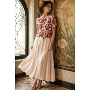 American Angel Vintage Floral Maxi Dress Pink Rayon Large Art Deco/ Nouveau